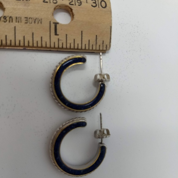STERLING SILVER/LAPIS INLAY POST HOOP EARRINGS - Picture 8 of 8